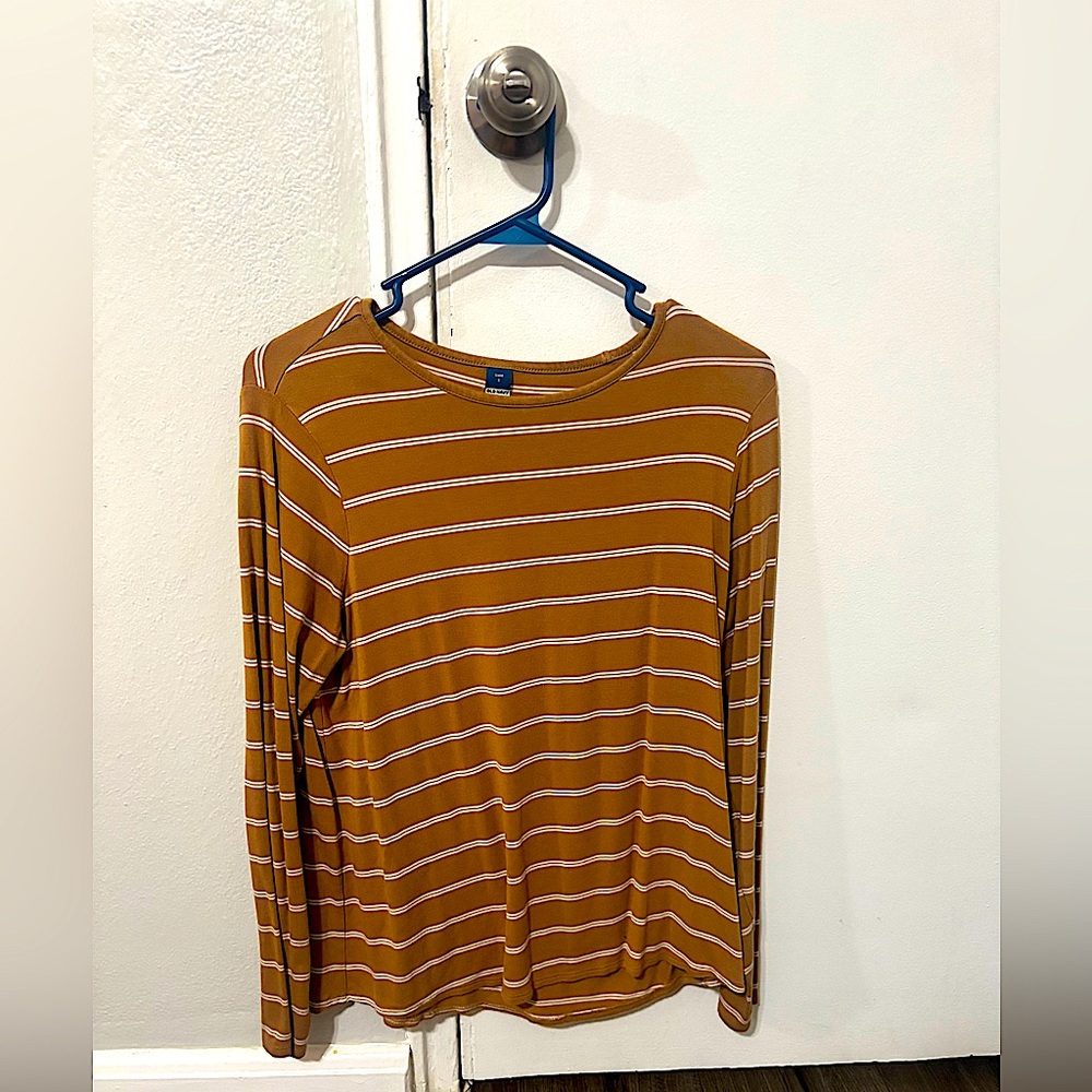 Old Navy Striped Tan and White Long Sleeve Tee